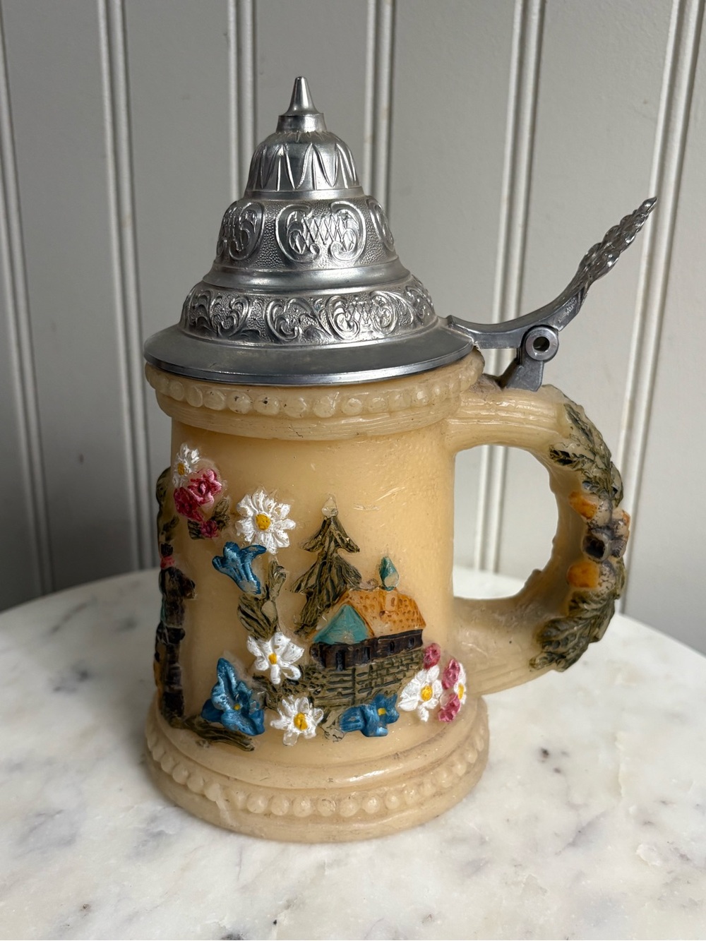 Vintage Johann Gunter Wax Stein Candle w/Pewter Lid Hand-Painted VTG Germany Tan